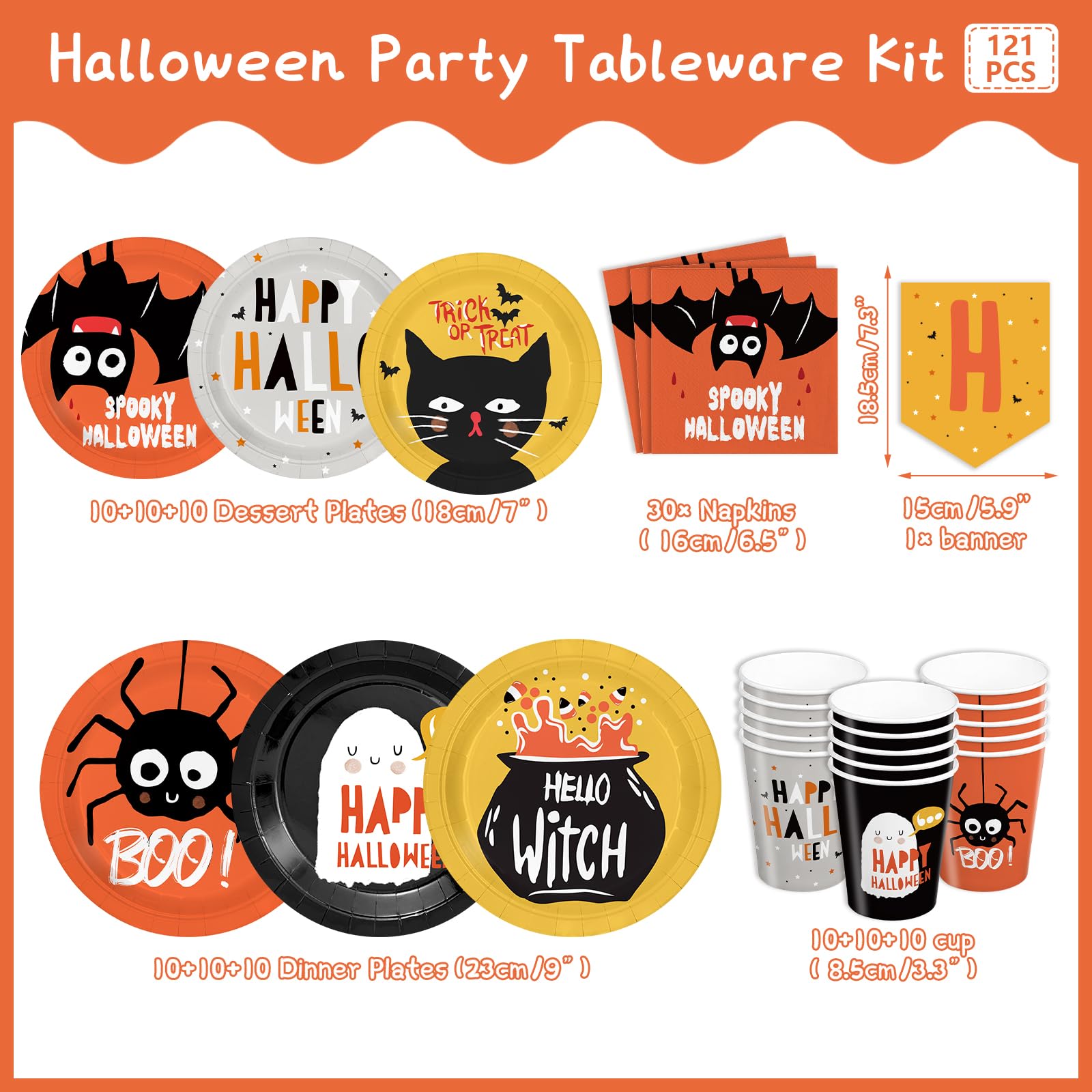 Halloween Party Plates and Napkins 121pcs Halloween Boo Party Supplies Tableware Set Trick or Treat Spider Ghost Halloween Paper Plates Napkins Banner for Halloween Birthday Party Serve 30 Guests