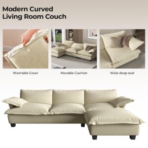 COPIAE L Shaped Sofa with Chaise, Convertible Sectional Sofa, 113 Inch Oversize Couch for Living Room, Modern Cloud Couch with Deep Seat, Velvet Fabric and Removable Ottoman, Beige Furniture Set