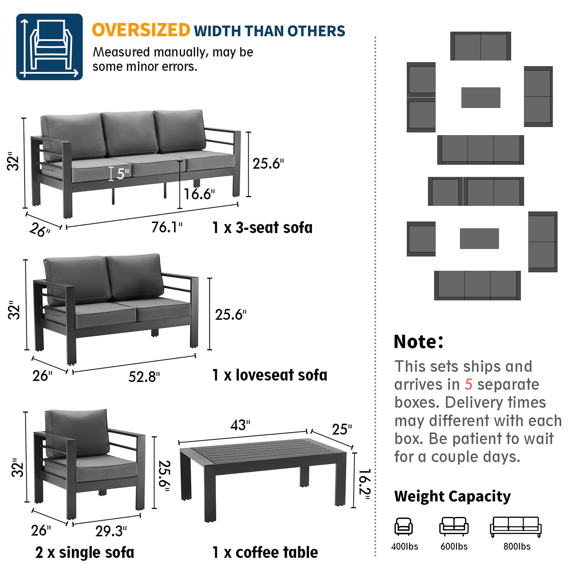 UDPATIO 7 Pieces Aluminum Patio Furniture Set Oversized Outdoor Furniture Modern Patio Set, 9 Seat Thick Cushion Outdoor Seating Set for Balcony(Include Waterproof Sofa Cover)