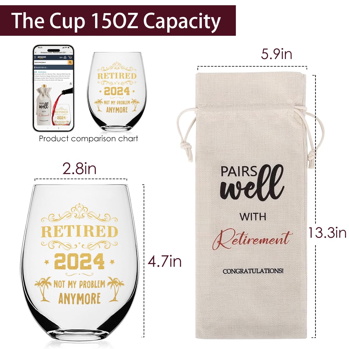 Retirement Gifts for Women Men- Retired 2024 Not My Problem Anymore Happy Retirement Gifts for Her Him Colleague Leader Boss Teacher Friend Nurse Coworker Retirement Wine Glass & Bottle Gift Bag Set