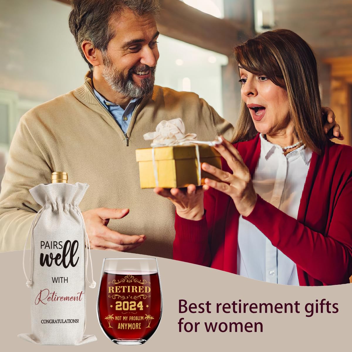 Retirement Gifts for Women Men- Retired 2024 Not My Problem Anymore Happy Retirement Gifts for Her Him Colleague Leader Boss Teacher Friend Nurse Coworker Retirement Wine Glass & Bottle Gift Bag Set