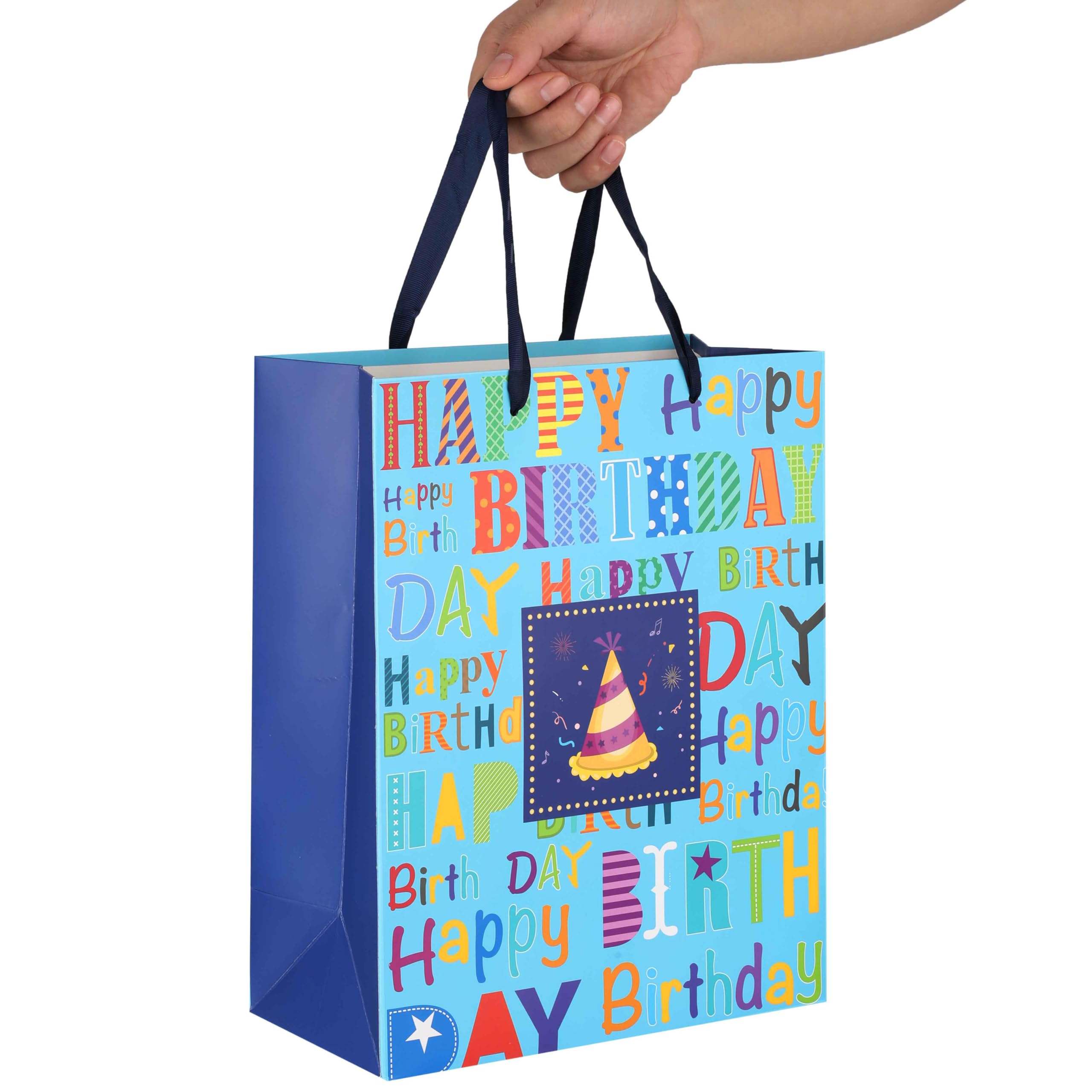 13" Large Blue Gift Bag Set with Greeting Card and Tissue Paper(Colorful Happy Birthday Text) for Boys’, Girls’ or Kids' Birthday Party, Men's or Women's Birthday Parties, Baby Shower - 10.2”x5.2”x13”, 1 Pcs.