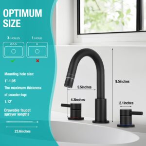 LTUBDI Bathroom Faucets for Sink 3 Hole 8 Inch Widespread Bathroom Sink Faucet Matte Black Pull Down Bathroom Faucet 2 Handle with Pop-up Drain