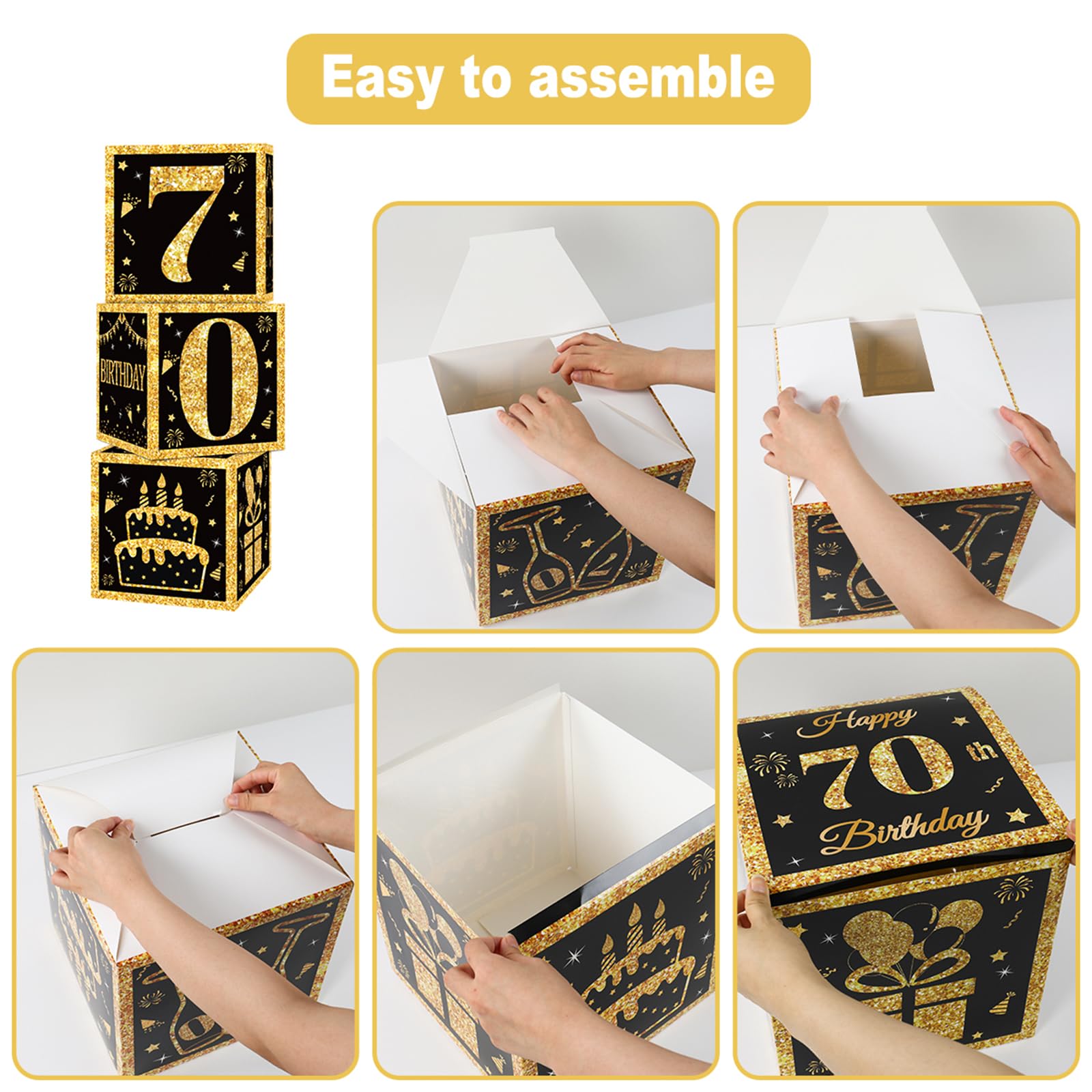 70th Birthday Decorations Boxes for Men- 3PCS Black Gold Happy 70th Birthday Balloons Boxes, 70 Year Old Party Supplies for Men Women