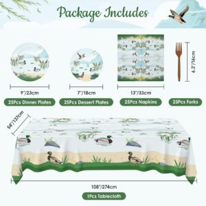 101 Pcs Mallard Duck Party Decorations Tablecloth Tableware Set, Mallard Duck Theme 1st Birthday Party Decor, One Lucky Duck Party Supplies, Duck Hunting Party Plates Napkins for Baby Shower, Serve 25