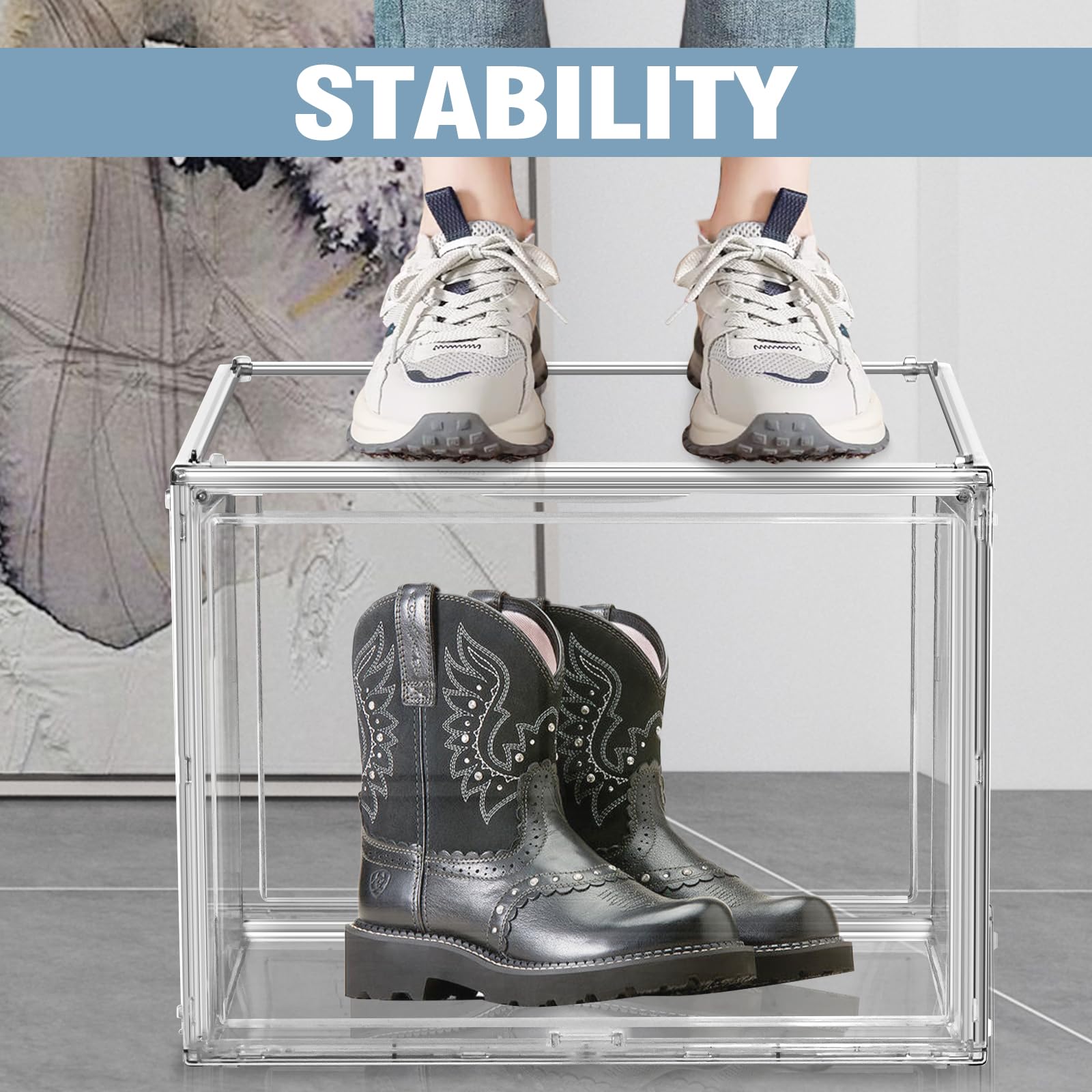 Extra Large Acrylic Display Case, XXX-Large Clear Shoe Box for Boot Shoe Boxes Sneaker Boxes Stackable Shoe Organizer with Magnetic Door