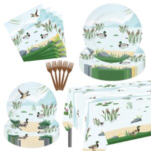 101 pcs mallard duck party decorations tablecloth tableware set, mallard duck theme 1st birthday party decor, one lucky duck party supplies, duck hunting party plates napkins for baby shower, serve 25