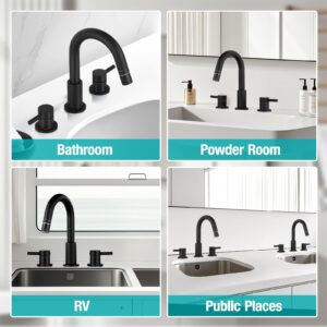 LTUBDI Bathroom Faucets for Sink 3 Hole 8 Inch Widespread Bathroom Sink Faucet Matte Black Pull Down Bathroom Faucet 2 Handle with Pop-up Drain