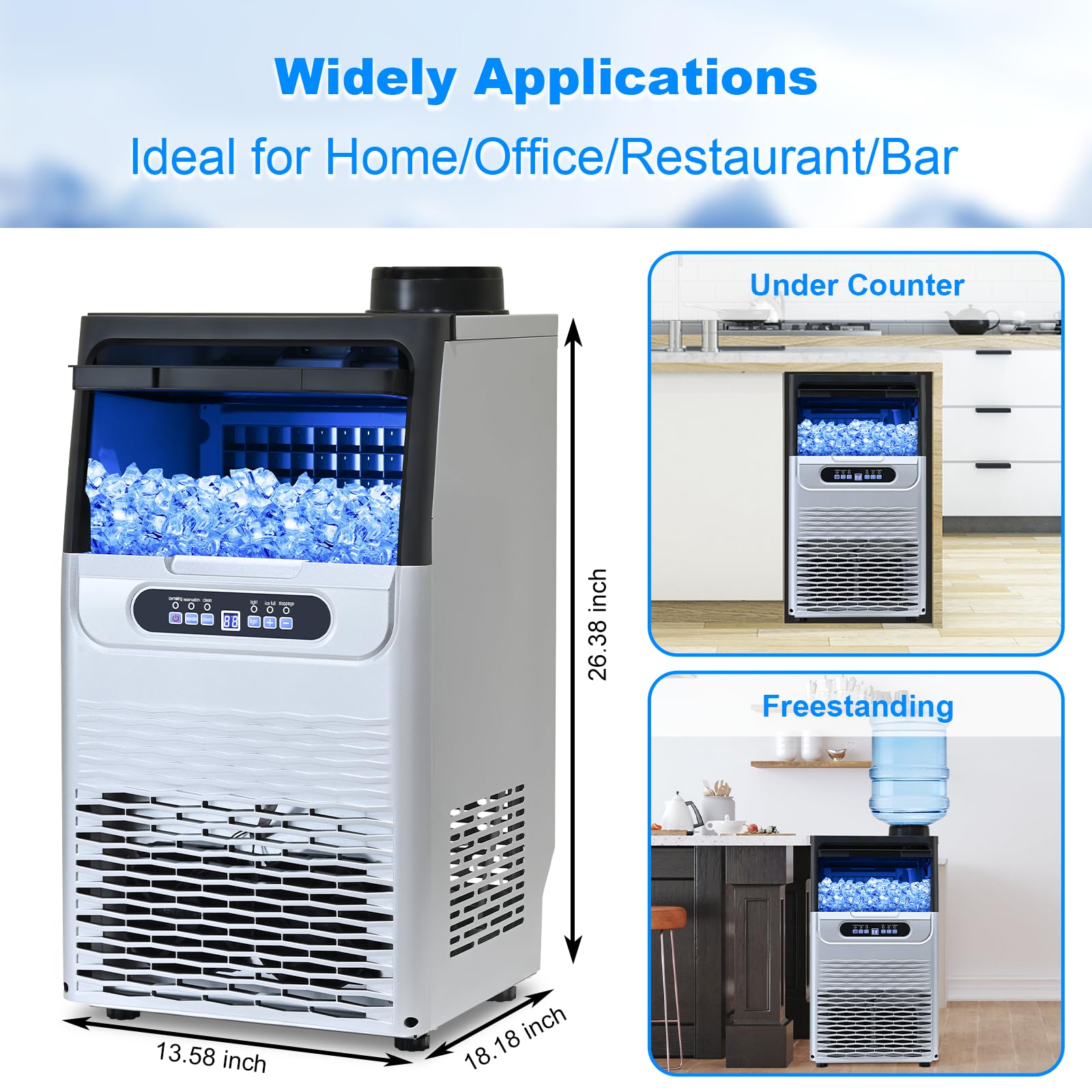 Amzgachfktch Commercial Ice Maker, 100Lbs/24H Ice Maker Machine, 2 Water Inlet Modes, Ice Maker with 20lbs Storage, Auto Self-Cleaning, Under Counter/Freestanding Ice Maker for Home/Office/Shop/Bar