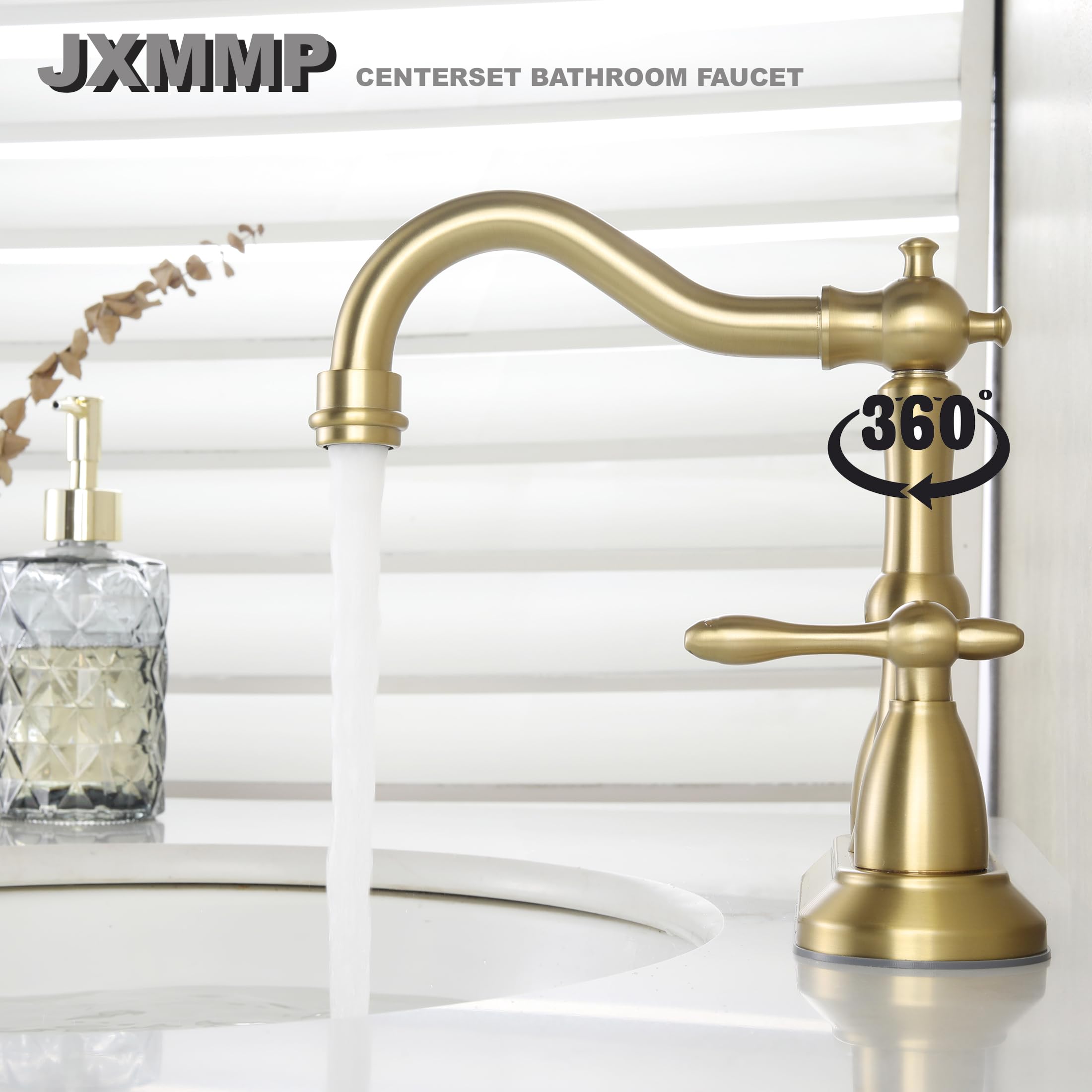 JXMMP Brushed Gold Bathroom Faucet, Stainless Steel 4 inch Centerset Bathroom Faucet with Drain and Supply Hose, 2 Hole Gold Faucet for Bathroom Sink