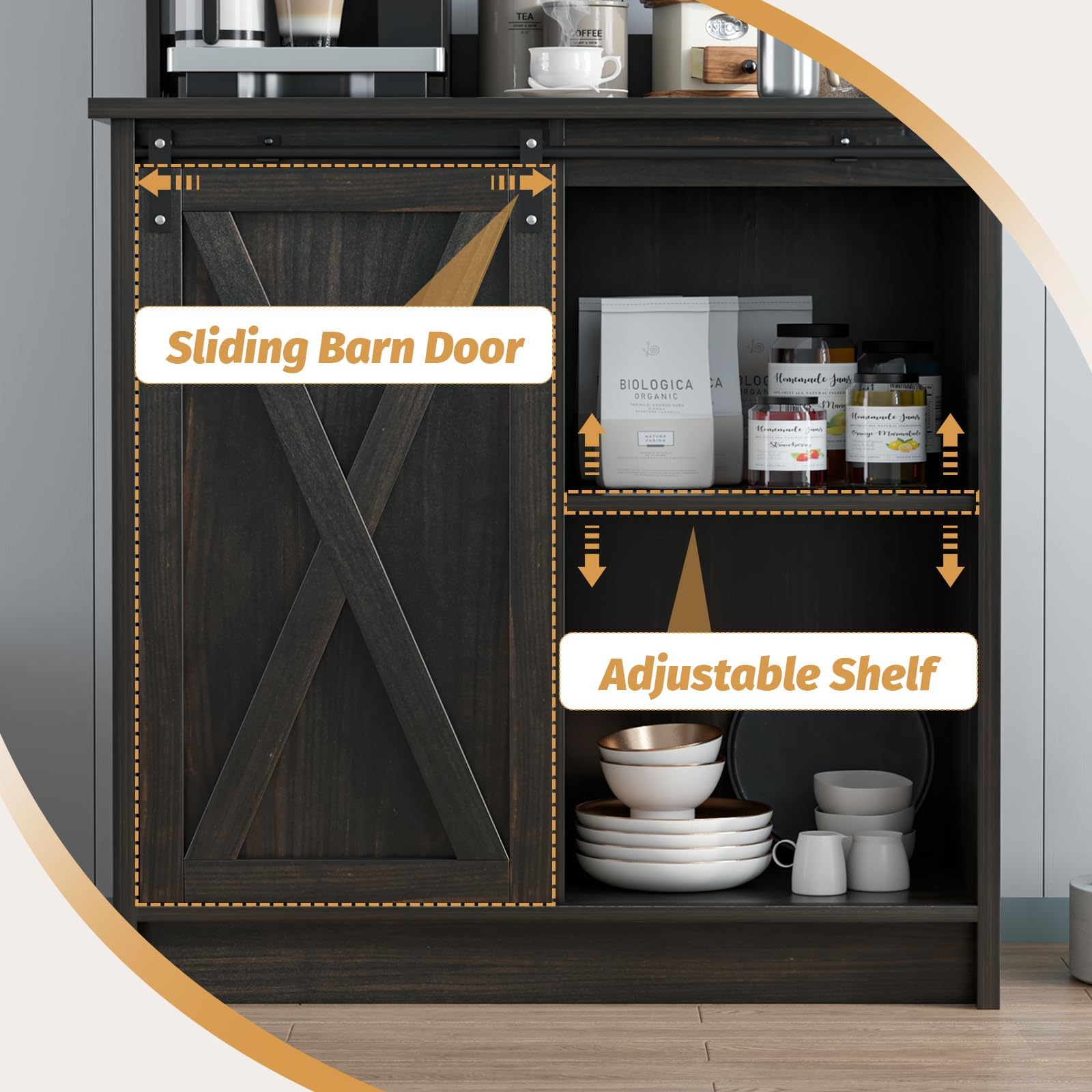 4ever2buy Farmhouse Coffee Bar Cabinet with Hutch, 50’’ Coffee Bar with Sliding Barn Door & 6 Hooks, Coffee Bar Hutch with Adjustable Shelves for Living Dining Room, Dark Oak