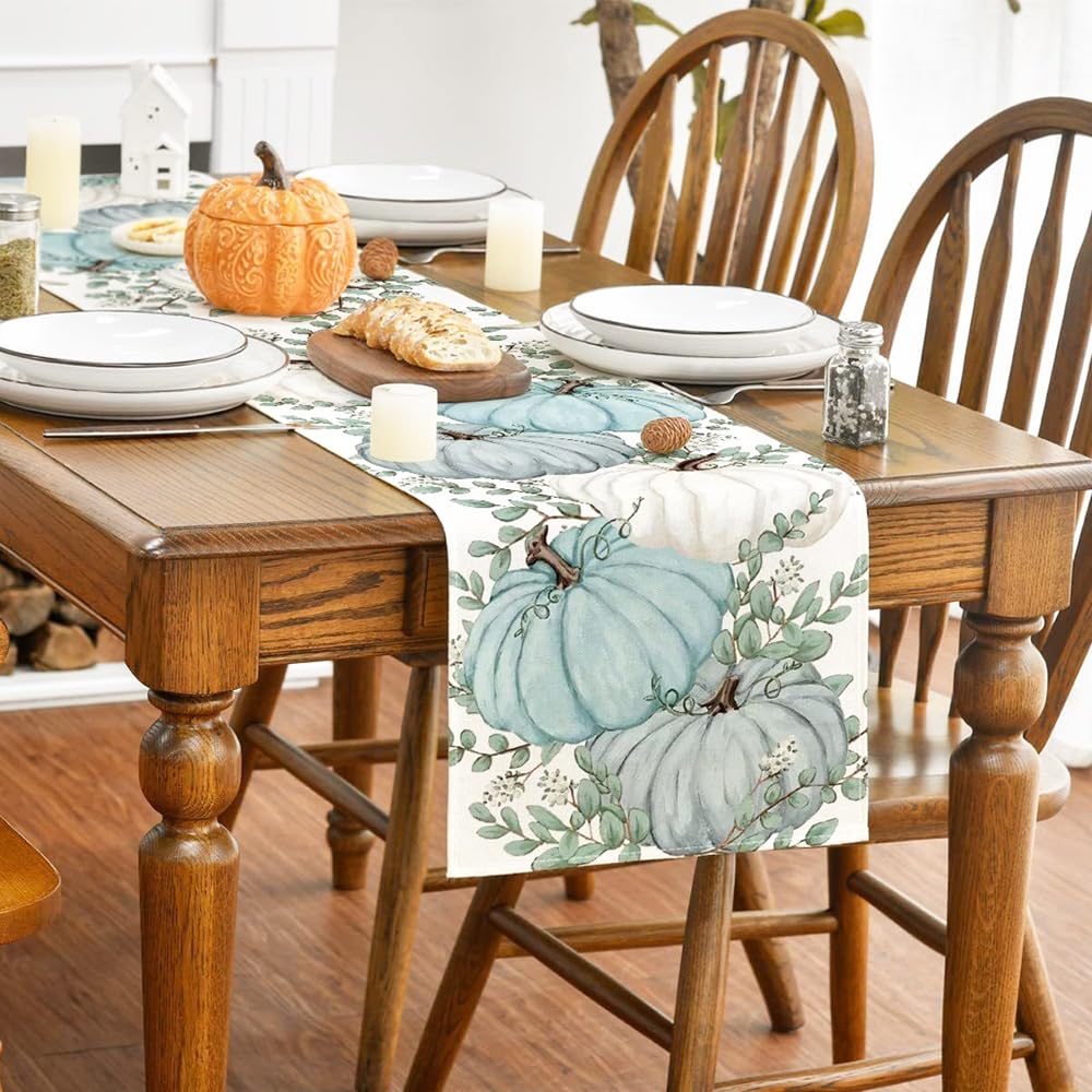 Fall Table Runner Blue Pumpkin Table Runner Thanksgiving Table Runner Pumpkins Eucalyptus Leaves Autumn Table Runner 13x72 Inch Blue Fall Decorations for Home Holiday Kitchen Dining Table Decorations