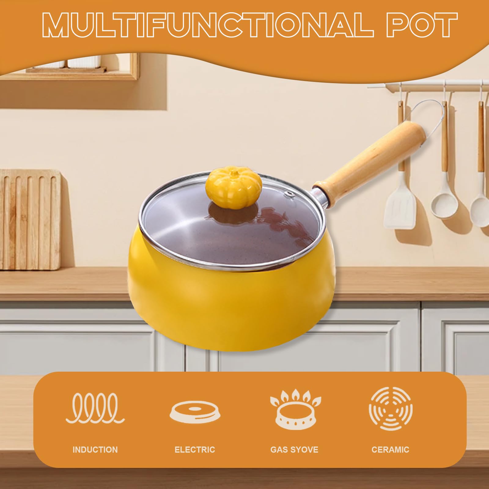 Sauce Pan with Lid,1.4 Quarts Nonstick Small Milk Pot with Cute Pumpkin-Shaped Cover Beads, Healthy Stone Coating Cookware Small Soup Pot Suitable for All Stove,PFOS & PFOA Free (Yellow)