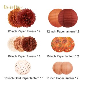 NICROHOME Fall Party Decoration, 12 PCS Carmine Rust Orange Light Brown Tissue Paper Pom Poms and Lanterns for Thanksgiving, Halloween, Retro Party, Classical Wedding, Birthday, Fall Celebration Decor