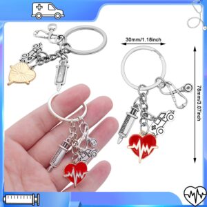 SIQYUWM 12Pcs Nurse Keychains Medical Themed Keyrings Syringe Stethoscope Ambulance Red Heartbeat Charm Key Holder for Women Men Gift or Graduation