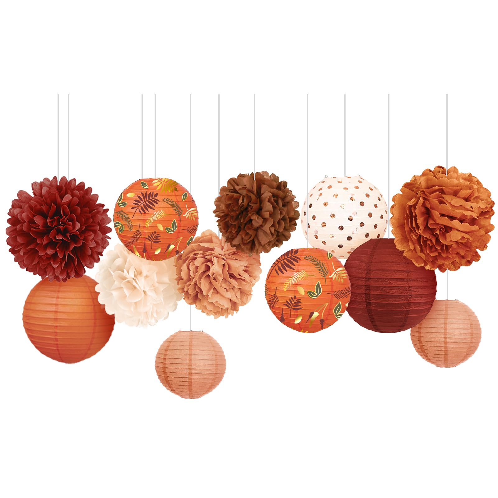 NICROHOME Fall Party Decoration, 12 PCS Carmine Rust Orange Light Brown Tissue Paper Pom Poms and Lanterns for Thanksgiving, Halloween, Retro Party, Classical Wedding, Birthday, Fall Celebration Decor