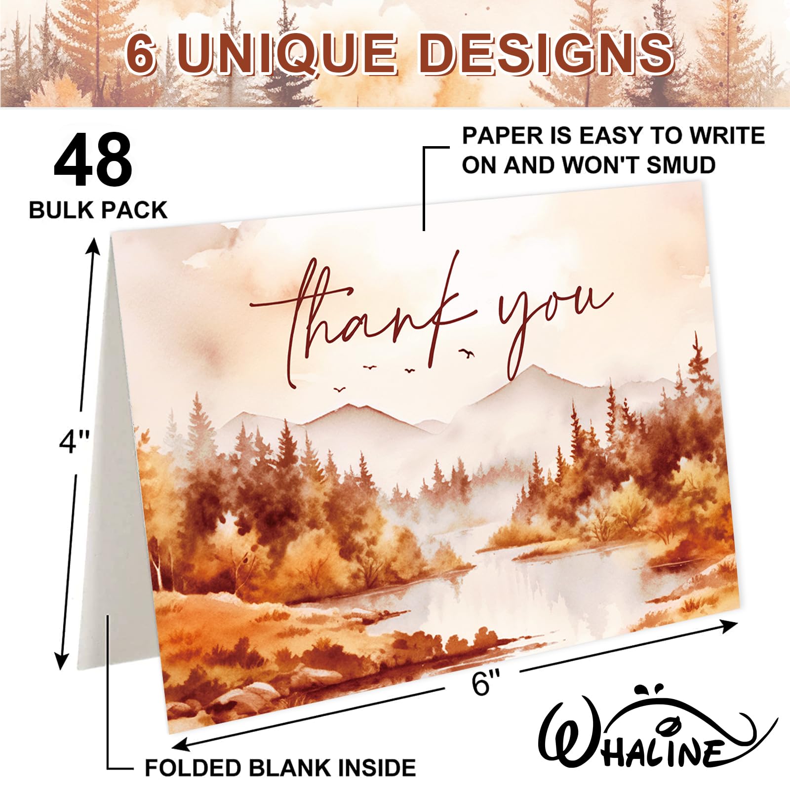 Whaline 48 Pack Fall Thank You Card Watercolor Forest Mountain Landscape Greeting Cards with Envelope Sticker Blank Note Cards for Autumn Thanksgiving Wedding, 4 x 6Inch