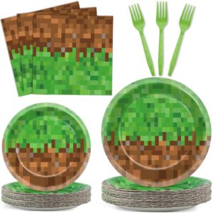 qyeahkj 100pcs pixel party decorations gamer party supplies video game birthday plates and napkins for mining pixel party mining craft disposable tableware baby shower birthday decor for 25 guests