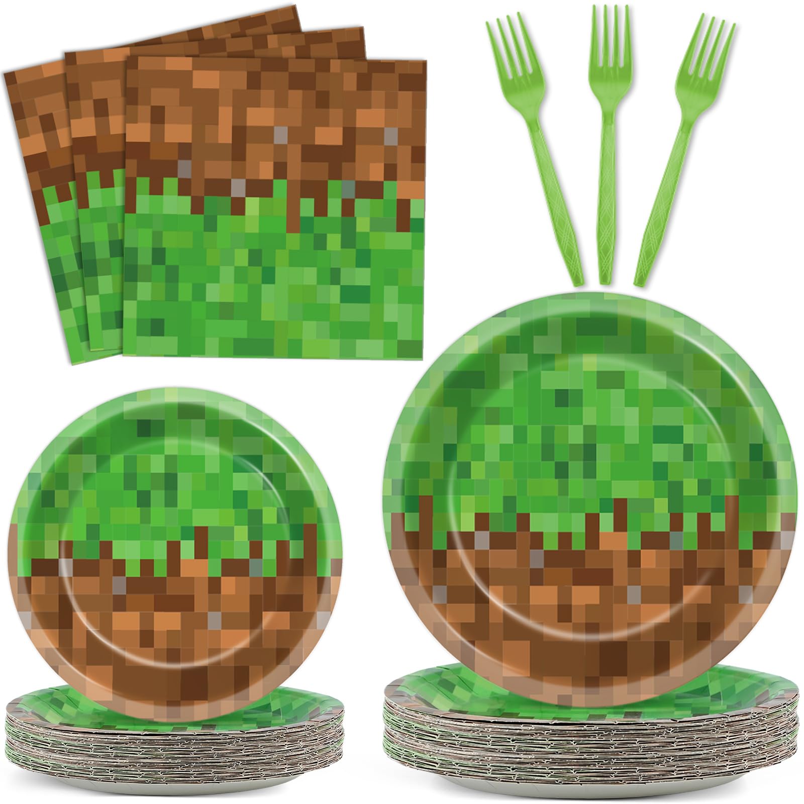 Qyeahkj 100Pcs Pixel Party Decorations Gamer Party Supplies Video Game Birthday Plates and Napkins for Mining Pixel Party Mining Craft Disposable Tableware Baby Shower Birthday Decor for 25 Guests