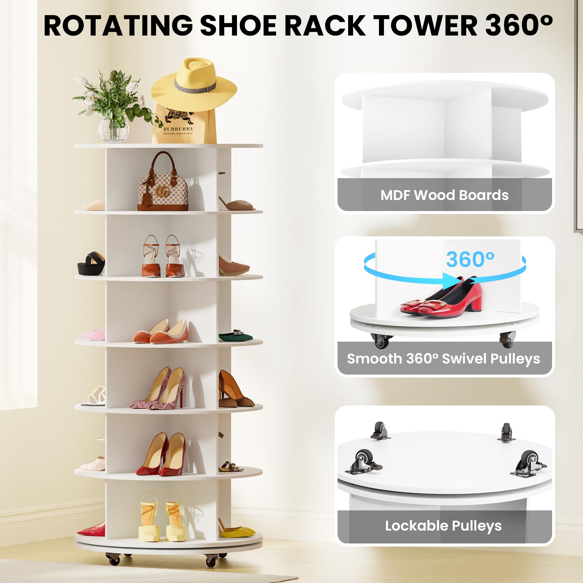 Gujiam 6-Tier Rotating Shoe Rack Tower 360 with Wheels, 57.5in Spinning Shoe Rack, Revolving Shoe Rack, Shoe Carousel Closet Organizer, Free Standing Shoe Rack for Entryway Living Room Hallway White