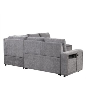 Olodumare L-shaped Oversized Modular Padded Cloud Sectional Fabric Sofa Set with Pull Out Bed, Convertible Sectional Couches with Storage Space, USB Ports, and Cup Holders for Living Room Office（Grey）