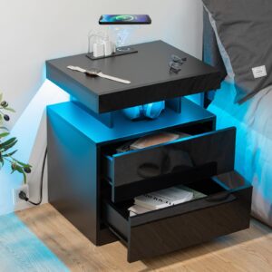 hommpa led nightstand with wireless charging station & usb ports high gloss bedside table with led light rgb adjustable brightness smart nightstand 2 drawers night stand for bedroom black