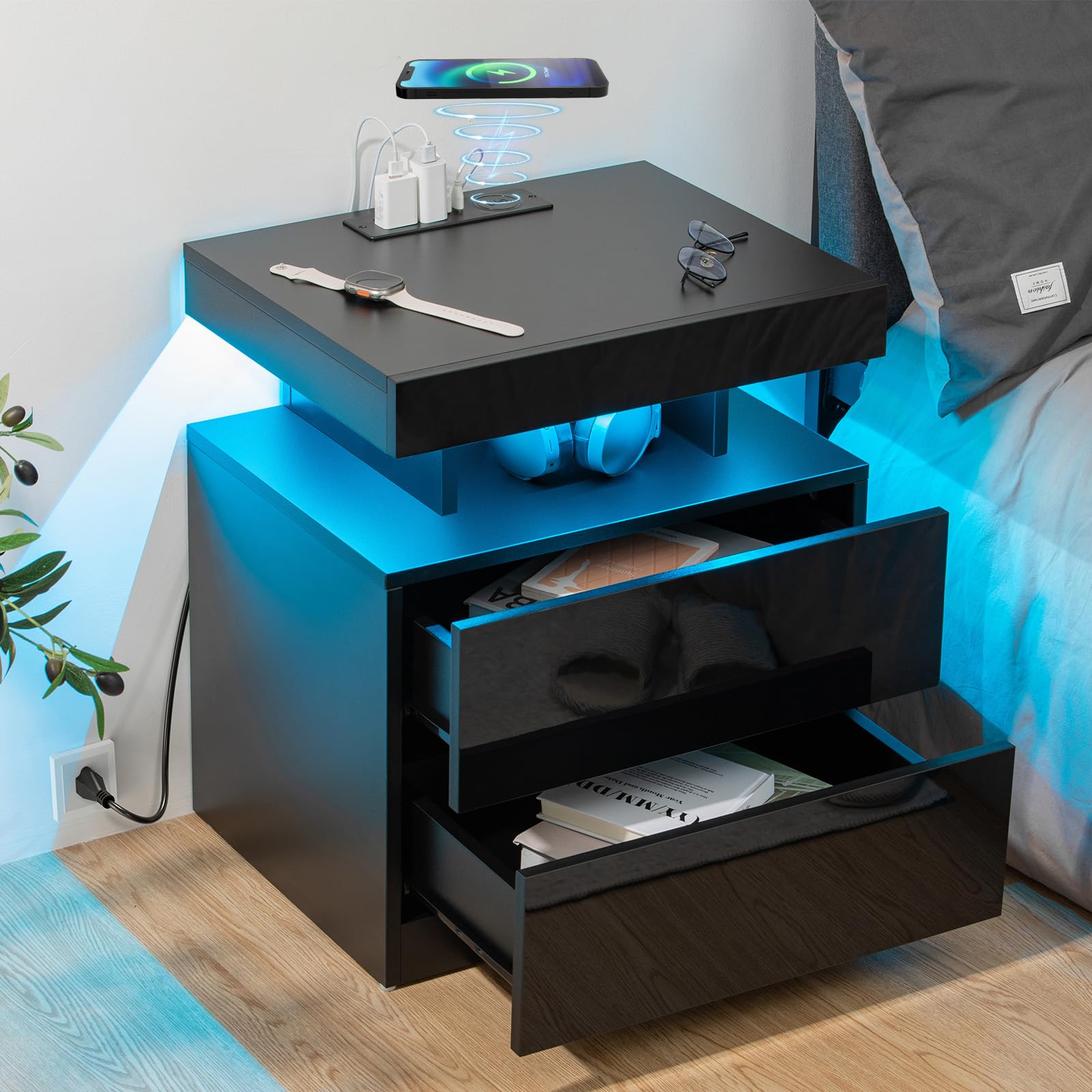 HOMMPA LED Nightstand with Wireless Charging Station & USB Ports High Gloss Bedside Table with LED Light RGB Adjustable Brightness Smart Nightstand 2 Drawers Night Stand for Bedroom Black