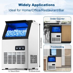 Amzgachfktch Commercial Ice Maker 120lbs/24H Ice Maker Machine with 2 Water Inlets, Under Counter Ice Maker with 30lbs Storage, Freestanding Ice Machine Includes Water Filter, Scoop, Connection Hoses