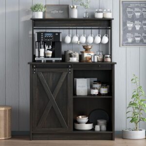 4ever2buy farmhouse coffee bar cabinet with hutch, 50’’ coffee bar with sliding barn door & 6 hooks, coffee bar hutch with adjustable shelves for living dining room, dark oak