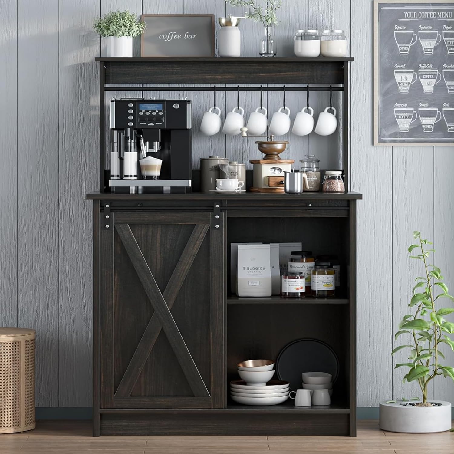 4ever2buy Farmhouse Coffee Bar Cabinet with Hutch, 50’’ Coffee Bar with Sliding Barn Door & 6 Hooks, Coffee Bar Hutch with Adjustable Shelves for Living Dining Room, Dark Oak