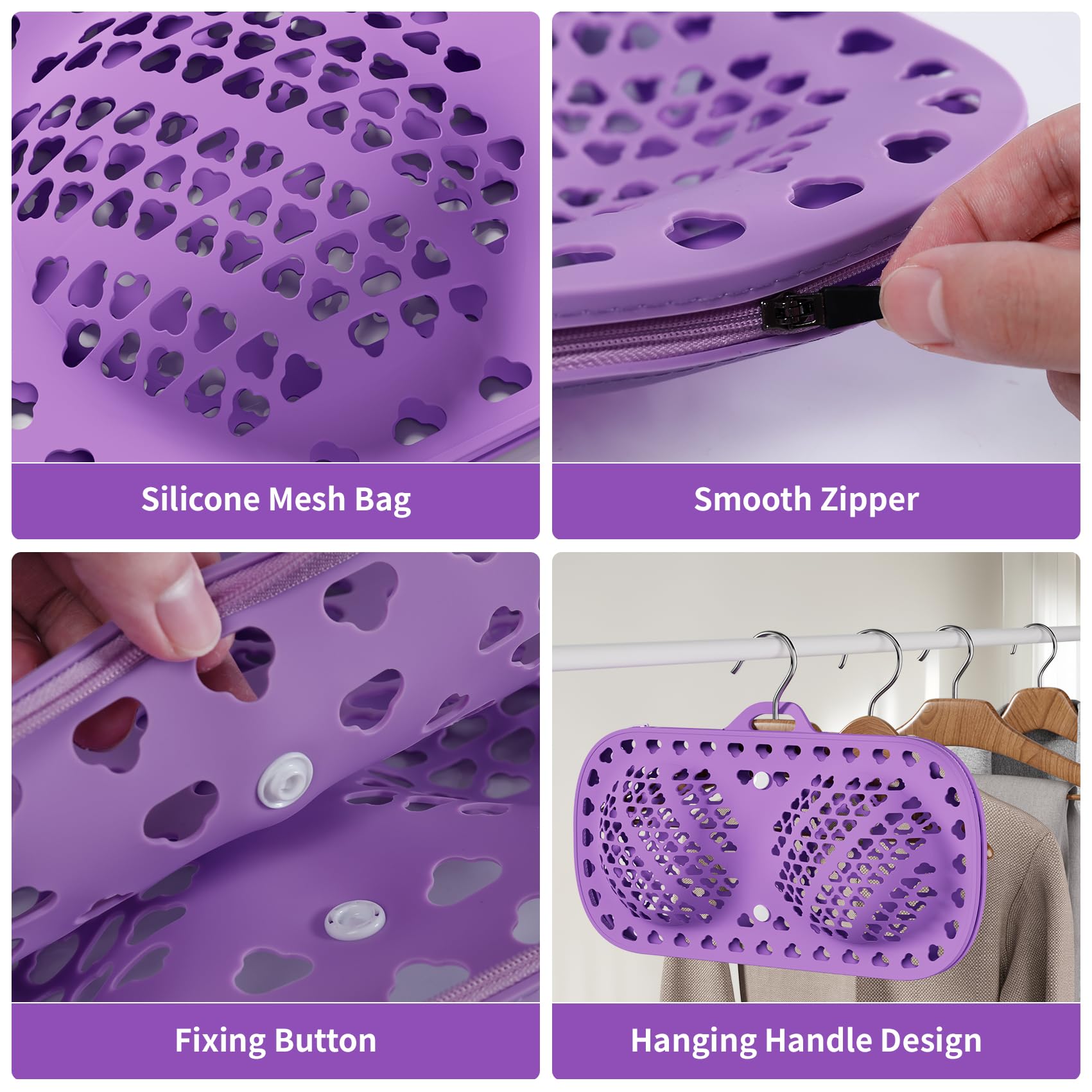 Bra Washing Bags for Laundry, Silicone Lingerie Bags for Washing Delicates Laundry Bag, Underwear Washing Bag Dryer Bra Protector With Zipper for Women Laundry Storage, Purple (32A to 38D Cups)