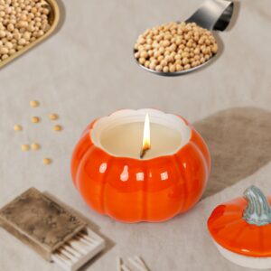 ONEVIVE Pumpkin Shaped Candle Fall Scents, Thanksgiving Wax Pumpkin Spice Scented Candles Ceramic for Autumn Home Decoration Halloween (Orange)