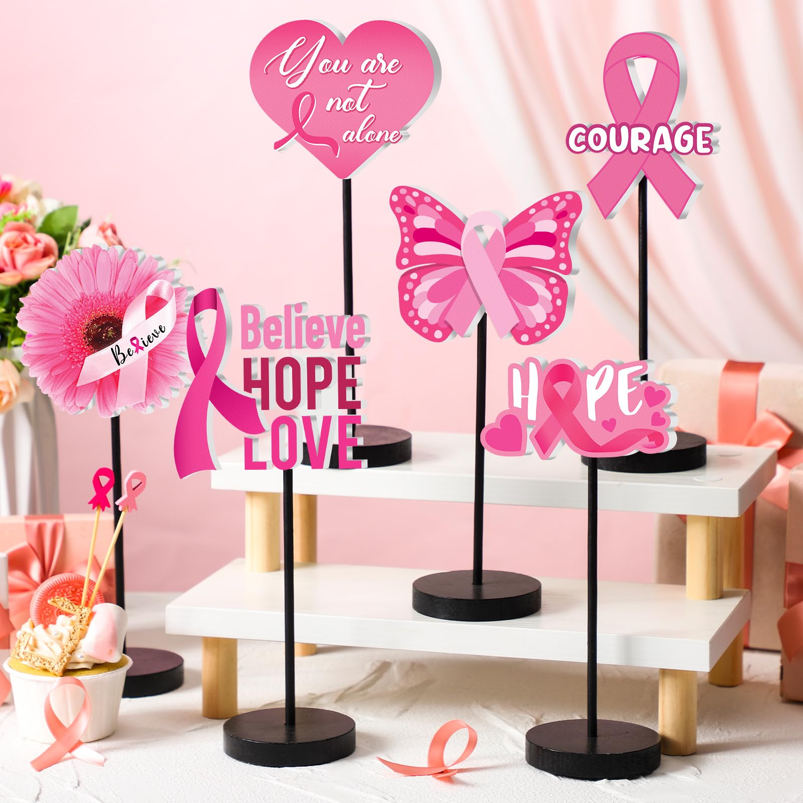 DoubleFill 6 Pcs Breast Cancer Awareness Decorations Standing Table Centerpieces Pink Ribbon Wooden Table Signs Fight Breast Cancer Party Supplies Pink Breast Cancer Decor for Charity Survivor Favors