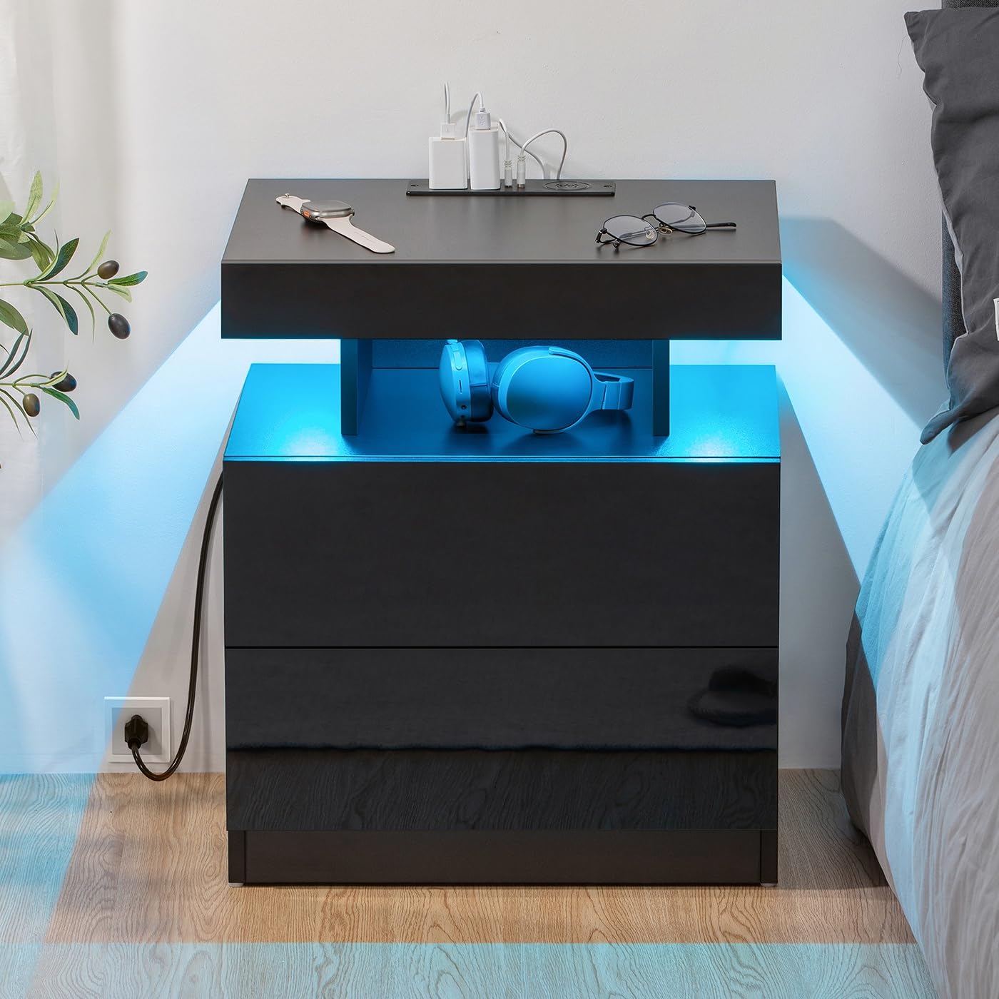 HOMMPA LED Nightstand with Wireless Charging Station & USB Ports High Gloss Bedside Table with LED Light RGB Adjustable Brightness Smart Nightstand 2 Drawers Night Stand for Bedroom Black