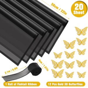 ROADPLUM 20 Sheet Black Flower Wrapping Paper, Bouquet Wrapping Paper with 12 Butterflies and 1 Ribbon for Diy Bouquet, Flower Paper Wrap Kit for Valentine's Day, Mother's Day, Graduation