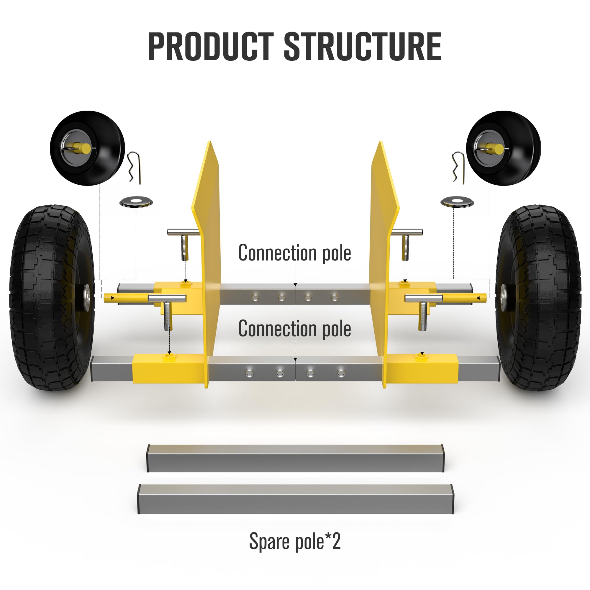 Moving Adjustable Dolly, 2 × 10" Heavy Duty Solid Rubber Tires Wheels 1000LBS Load Capacity for Panel/Slab/Plywood/Door/Granite/Drywall Material Handling and More - Yellow