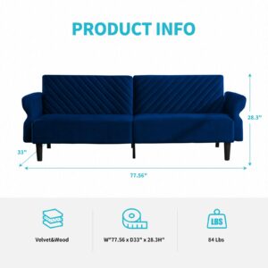 CECER 78''Futon Sofa with Ajustable Armrest, 3 Seat Convertible Sofa Bed Couch with Modern Design for Living Room,Apartment(Dark Blue)