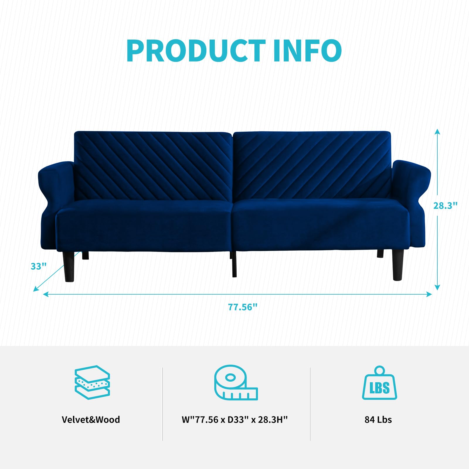 CECER 78''Futon Sofa with Ajustable Armrest, 3 Seat Convertible Sofa Bed Couch with Modern Design for Living Room,Apartment(Dark Blue)