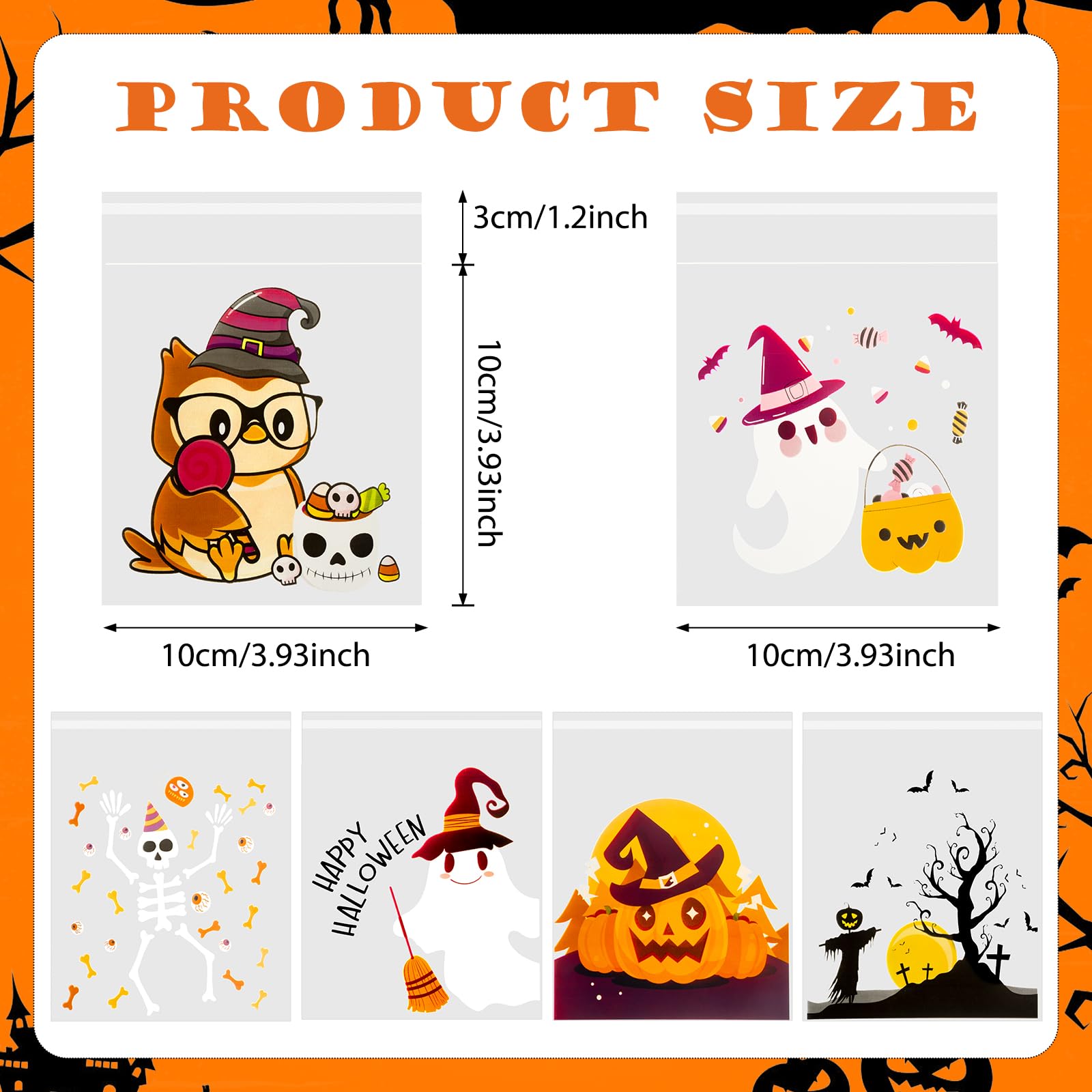 RICEDUO 200Pcs Halloween Candy Bags, Self-Adhesive Clear Cookie Treat Bags, Cellophane Plastic Gift Bags for Halloween Party Supplies, Homemade Crafts, and Snack Gift Packing (6 Styles)