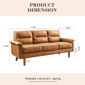 weaxty W 72" Classic 3-Seater Sofa Faux Leather Couch with Curved Armrest and Solid Wood Frame, Suede Fabric Small Faux Leather Couch for Living Room (Brown)