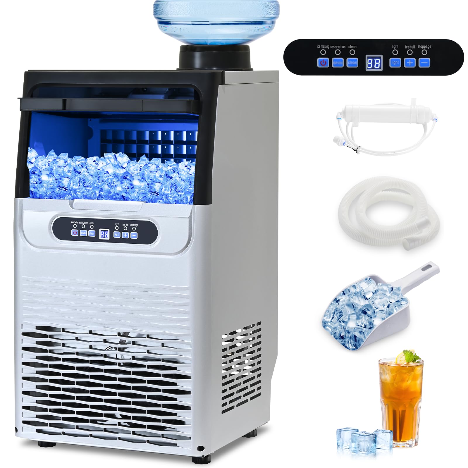 Amzgachfktch Commercial Ice Maker, 100Lbs/24H Ice Maker Machine, 2 Water Inlet Modes, Ice Maker with 20lbs Storage, Auto Self-Cleaning, Under Counter/Freestanding Ice Maker for Home/Office/Shop/Bar