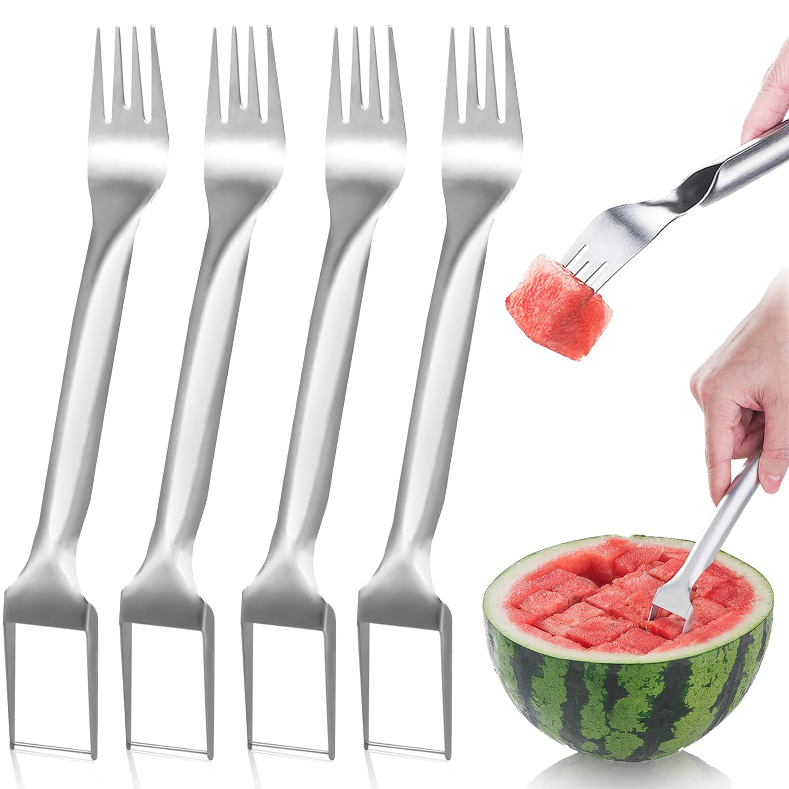 4-Pack 2-in-1 Watermelon Fork Cutter, 2024 New Watermelon Slicer Tools for Family Gatherings, Summer Watermelon Cutter, Fruit and Vegetable Tools, Stainless Steel Fruit Fork Cutter Knife for Camping