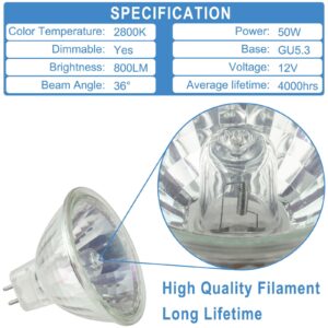 YEGRUEB MR16 Halogen Bulb, 12V 50W, GU5.3 Bi-Pin Base, 2800K, Warm White Dimmable, for Desk Lamp, Track Light, Desk Lamp(Pack of 6)