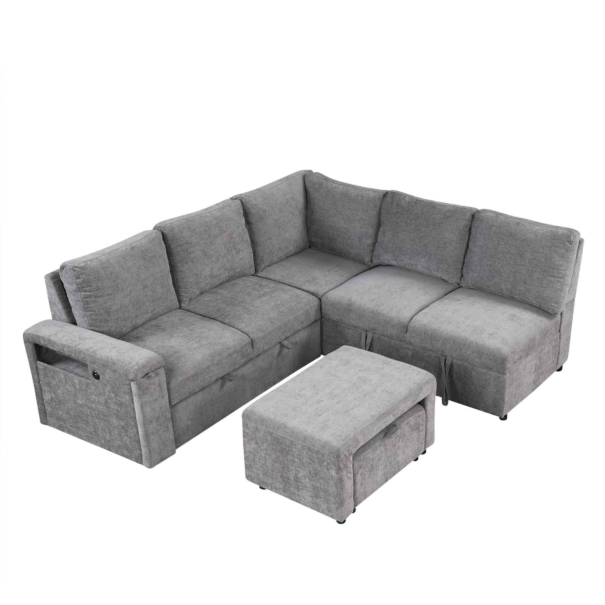 Olodumare L-shaped Oversized Modular Padded Cloud Sectional Fabric Sofa Set with Pull Out Bed, Convertible Sectional Couches with Storage Space, USB Ports, and Cup Holders for Living Room Office（Grey）