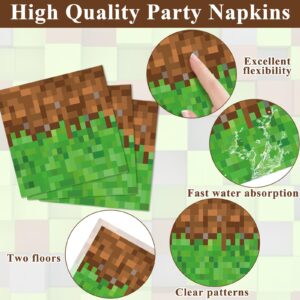 Qyeahkj 100Pcs Pixel Party Decorations Gamer Party Supplies Video Game Birthday Plates and Napkins for Mining Pixel Party Mining Craft Disposable Tableware Baby Shower Birthday Decor for 25 Guests