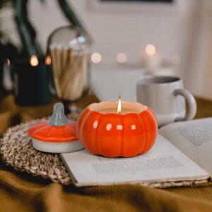 ONEVIVE Pumpkin Shaped Candle Fall Scents, Thanksgiving Wax Pumpkin Spice Scented Candles Ceramic for Autumn Home Decoration Halloween (Orange)