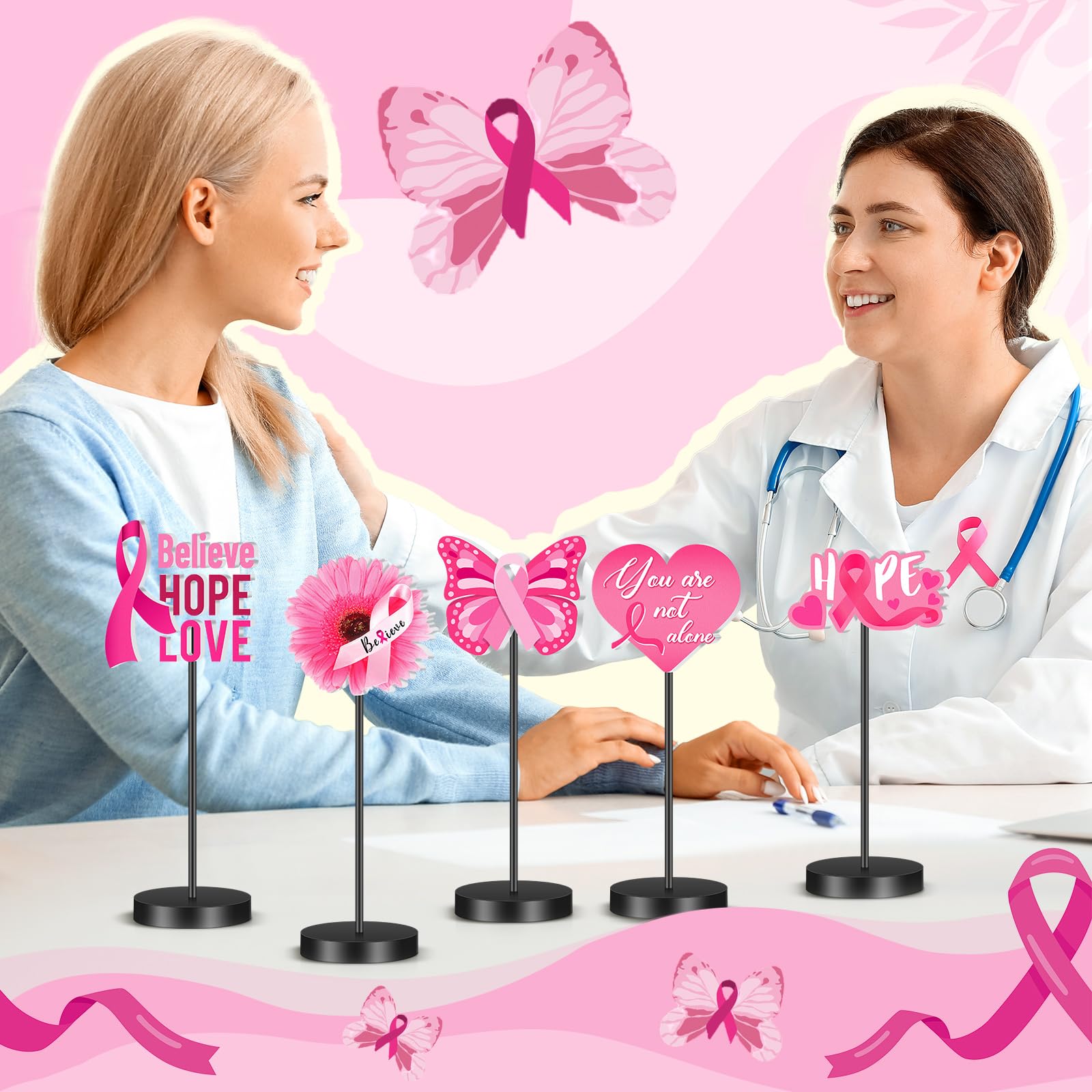 DoubleFill 6 Pcs Breast Cancer Awareness Decorations Standing Table Centerpieces Pink Ribbon Wooden Table Signs Fight Breast Cancer Party Supplies Pink Breast Cancer Decor for Charity Survivor Favors