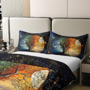 Feelyou Tree of Life Duvet Cover 100% Cotton Full Size Sun and Moon Bedding Set for Kids Psychedelic Galaxy Comforter Cover Set Teens Decor Constellations Bedspread Cover Zipper