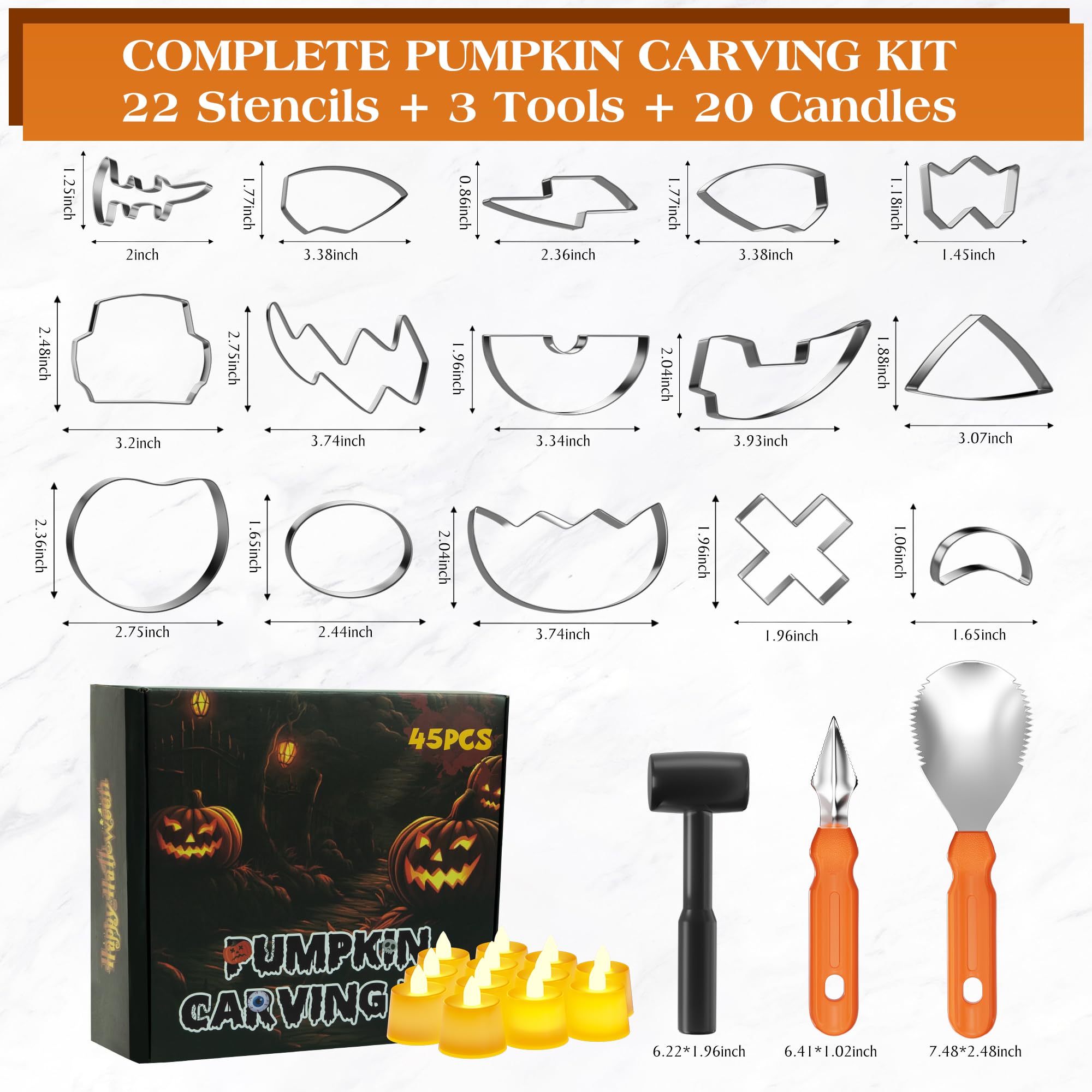 Roberly 45PCS Halloween Pumpkin Carving Kit, 22 Pcs New Pumpkin Carving Cutter 20 LED Candles 3 Carving Tools, Safe Easy DIY and Durable Stainless Pumpkin Carving Tools