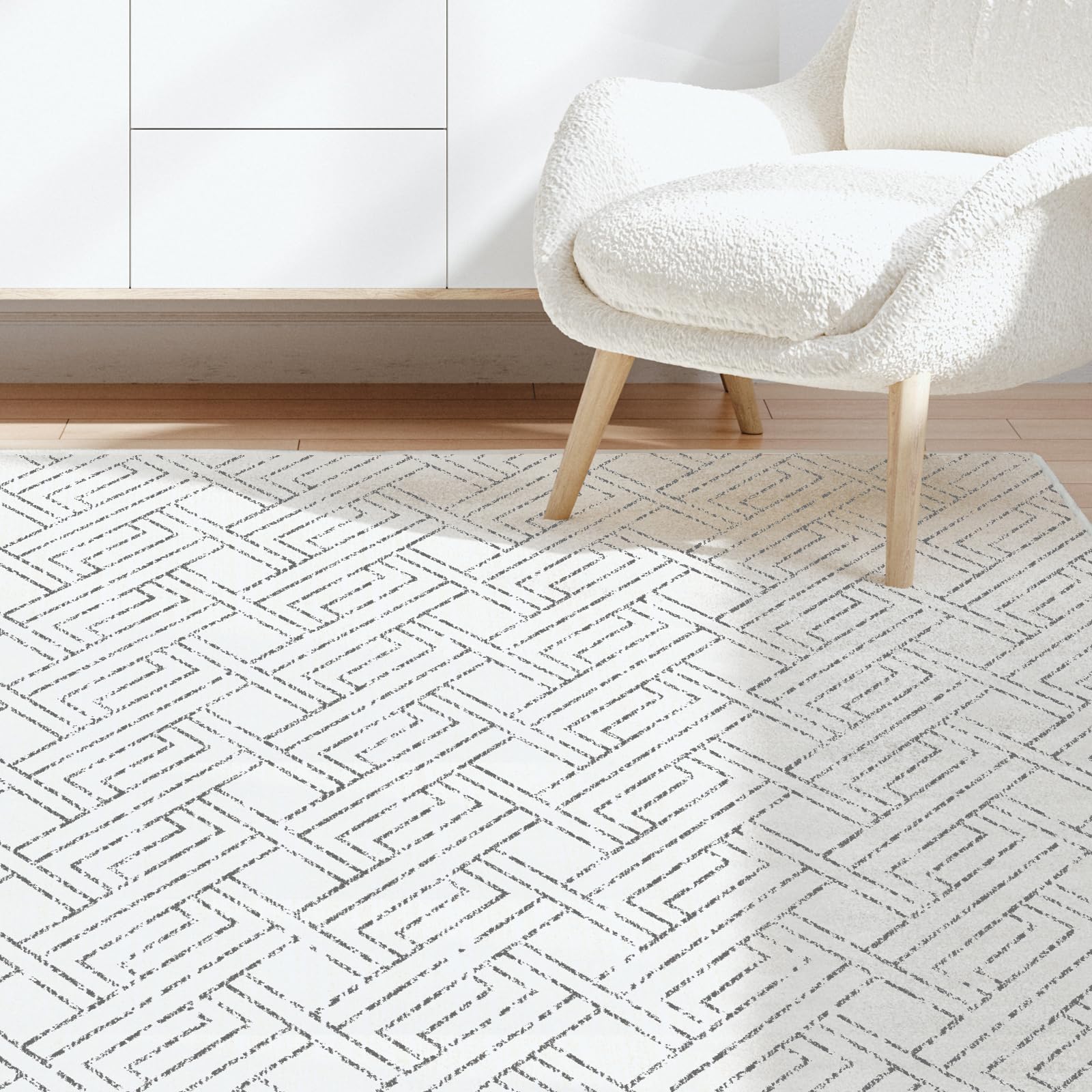 Pcinfuns Area Rug 3x5, Washable Rug for Living Room,Non Slip Rugs for Bedroom, Morden Farmhouse Indoor Floor Carpet for Bathroom Dining Room, Grey White Geometry